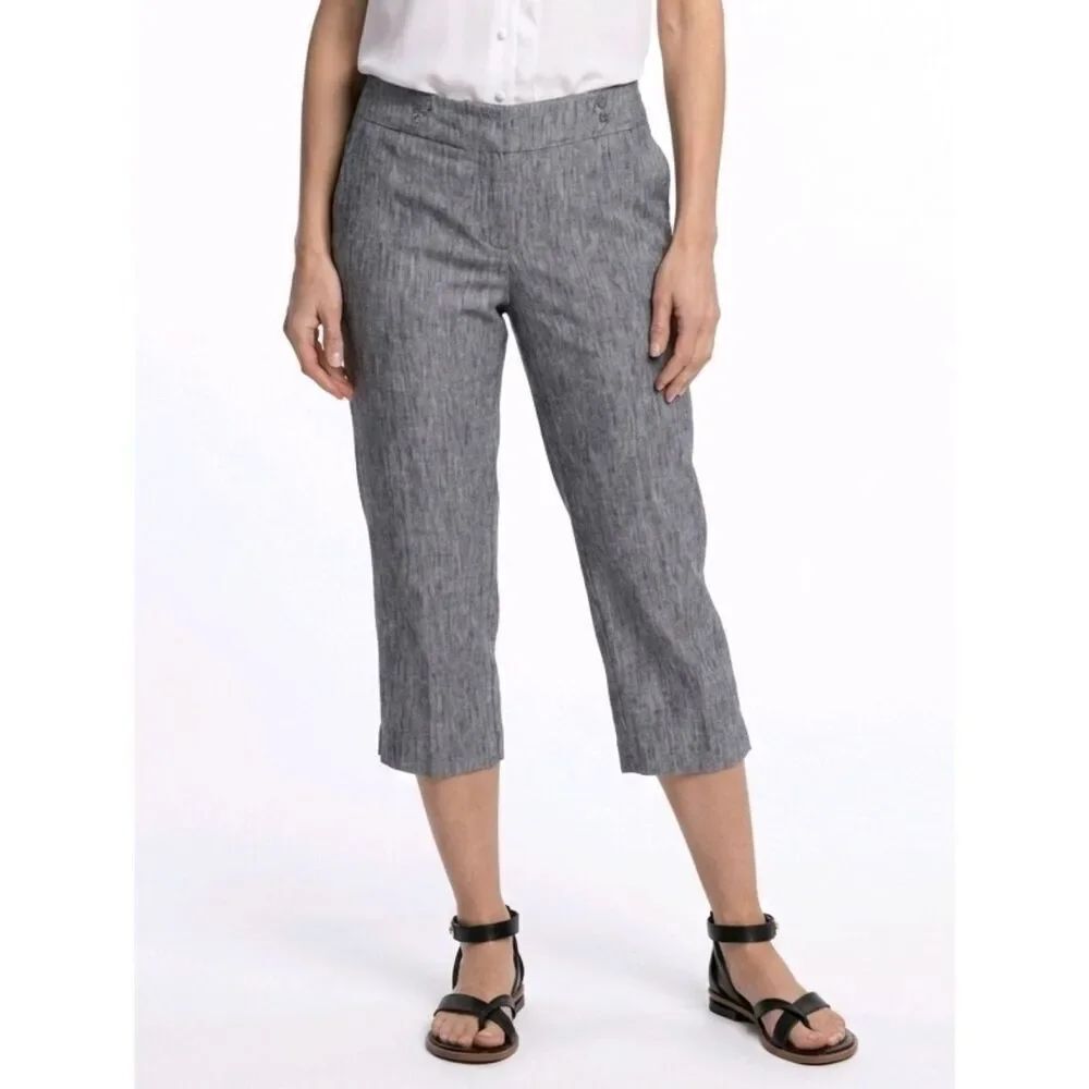 Larry Levine Petite Black & White Stripe Linen Stretch Cropped Pants Size 14P